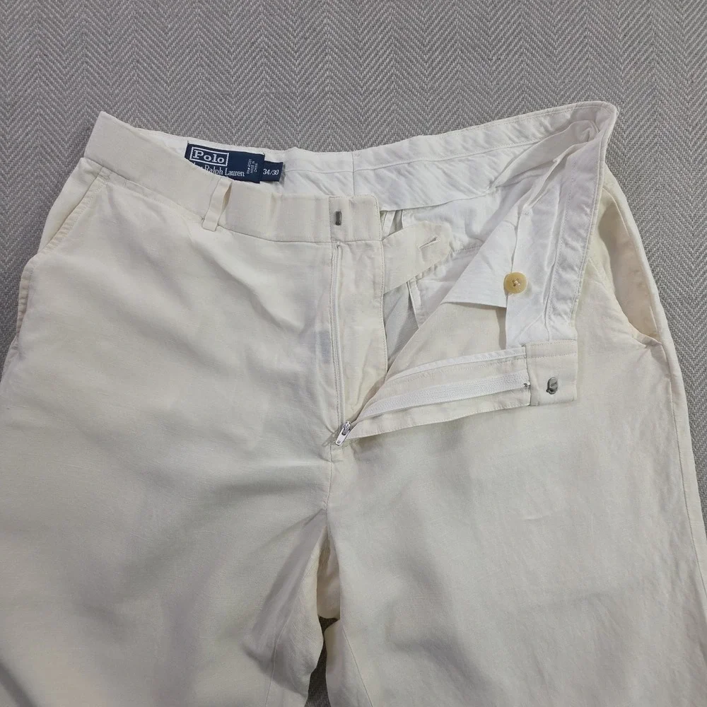 Polo Ralph Lauren Linen Silk Pants Mens 34x30 Off-White Summer Luxury Trousers